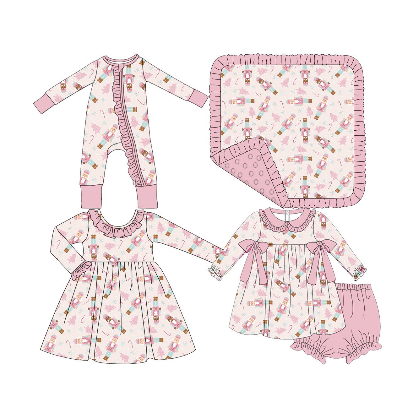 Custom OEM Kids Baby Ruffle Bamboo Styles Toddler Baby Girls Customized Christmas Design Zippy Dress Sets