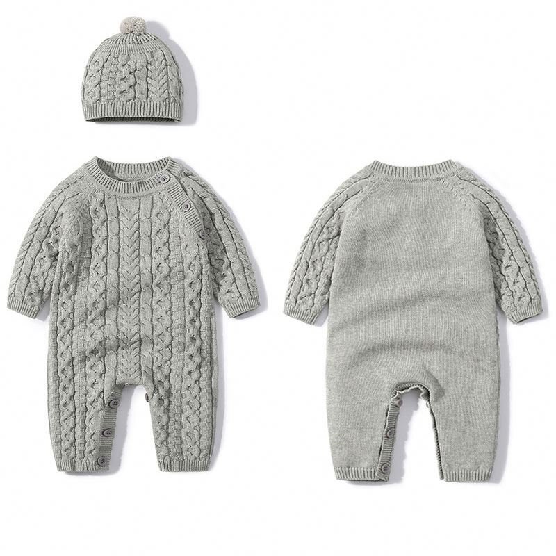 Custom Baby Winter 100% cotton Bodysuit Cable Solid Color Knitted Clothes Newborn Baby Rompers Sweaters Sets With Hats
