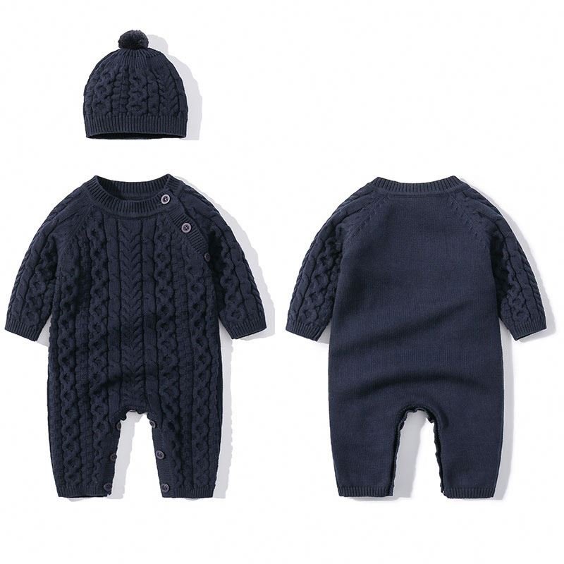 Custom Baby Winter 100% cotton Bodysuit Cable Solid Color Knitted Clothes Newborn Baby Rompers Sweaters Sets With Hats