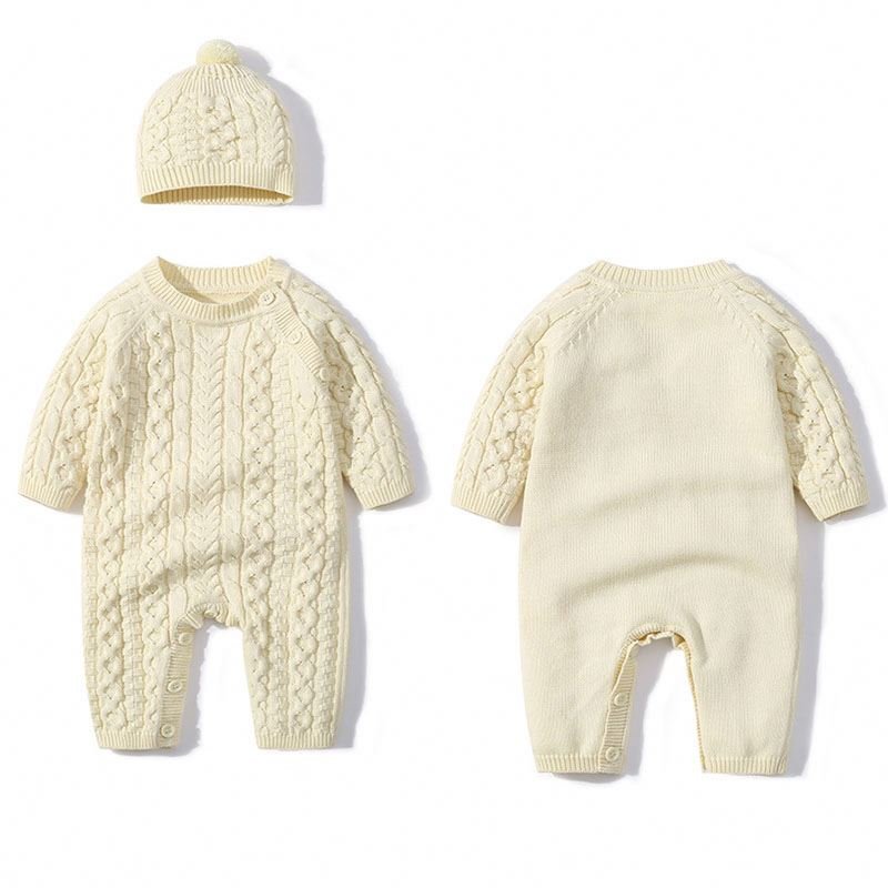 Custom Baby Winter 100% cotton Bodysuit Cable Solid Color Knitted Clothes Newborn Baby Rompers Sweaters Sets With Hats