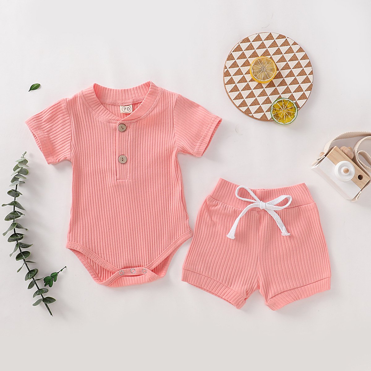 custom Cotton romper short pants set solid color rib Baby Clothing Sets plain kids set clothing short sleeve