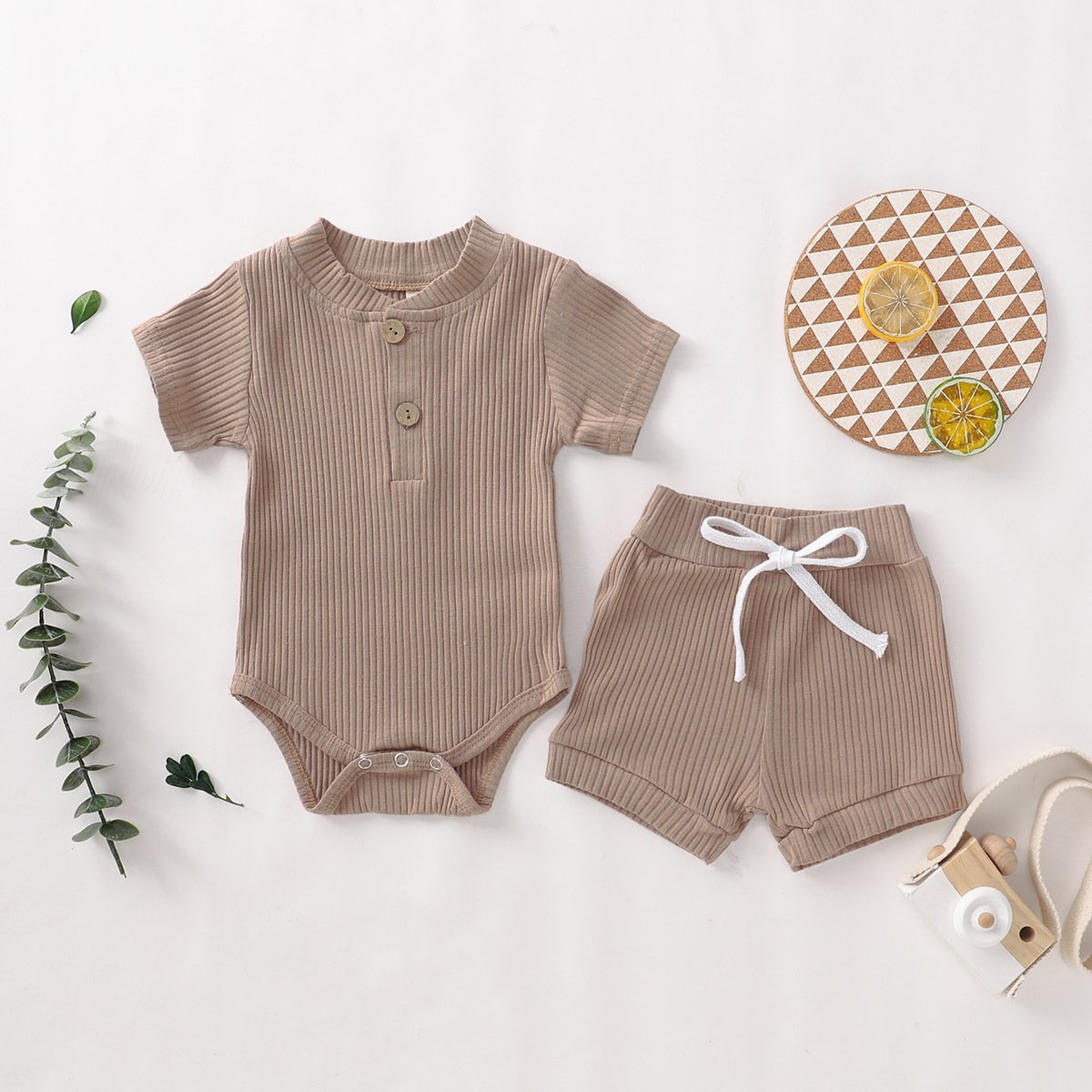 custom Cotton romper short pants set solid color rib Baby Clothing Sets plain kids set clothing short sleeve
