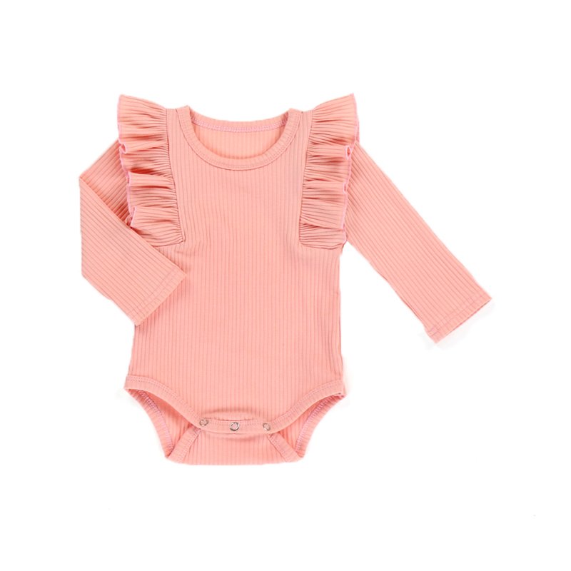 Soft plain peach color ribbed cotton newborn baby romper clothing long sleeve baby ruffle rompers toddler winter clothes