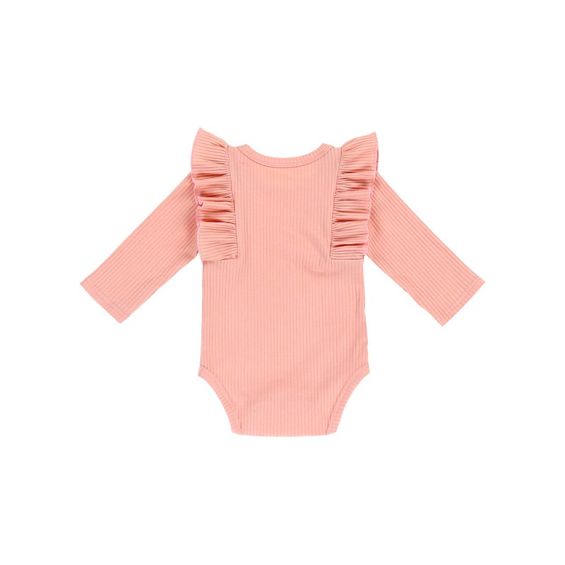 Soft plain peach color ribbed cotton newborn baby romper clothing long sleeve baby ruffle rompers toddler winter clothes