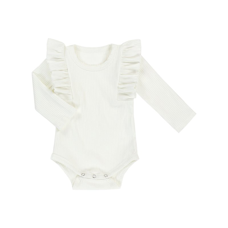 Soft plain peach color ribbed cotton newborn baby romper clothing long sleeve baby ruffle rompers toddler winter clothes