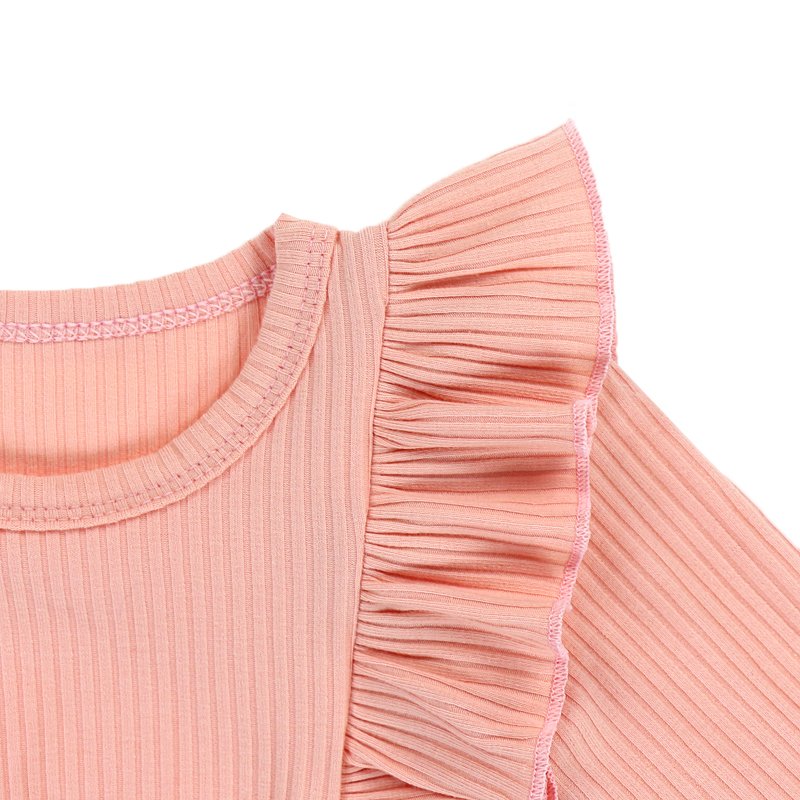 Soft plain peach color ribbed cotton newborn baby romper clothing long sleeve baby ruffle rompers toddler winter clothes