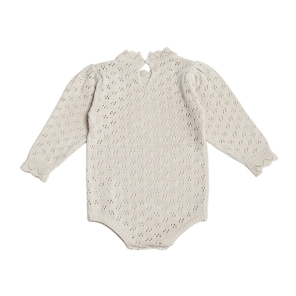 Spring Long Lantern Sleeve Infant Girls Onesie Beige Pointelle Knit Baby Girls Romper