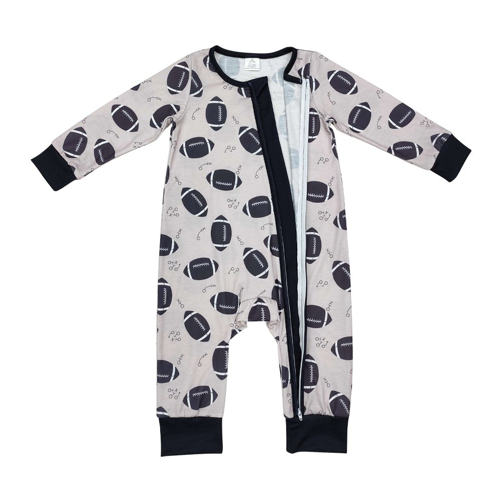 Infant baby boy football season long sleeve bamboo zip romper wholesale kids boutique clothes factory price baby romper