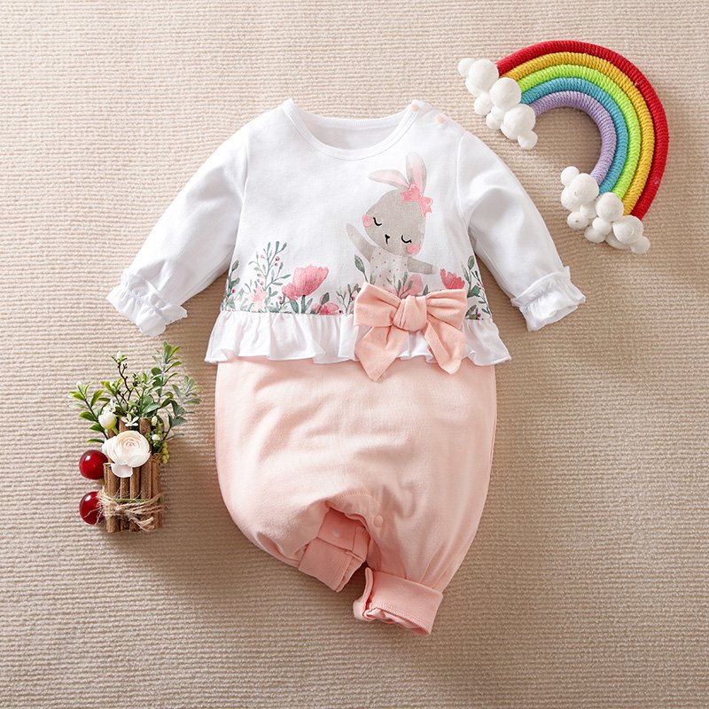 Cute Rabbit Print Bowknot Decor Long Sleeve Spring Autumn Newborn 100% Cotton Infant Baby Girls Rompers Baby Onesie