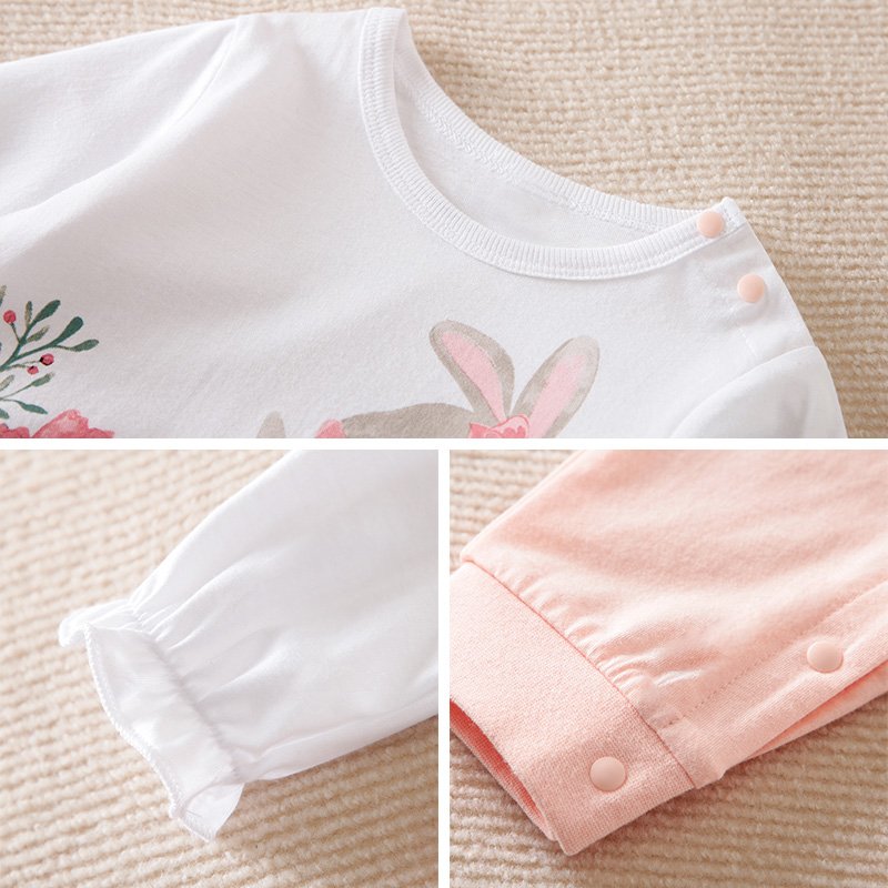 Cute Rabbit Print Bowknot Decor Long Sleeve Spring Autumn Newborn 100% Cotton Infant Baby Girls Rompers Baby Onesie