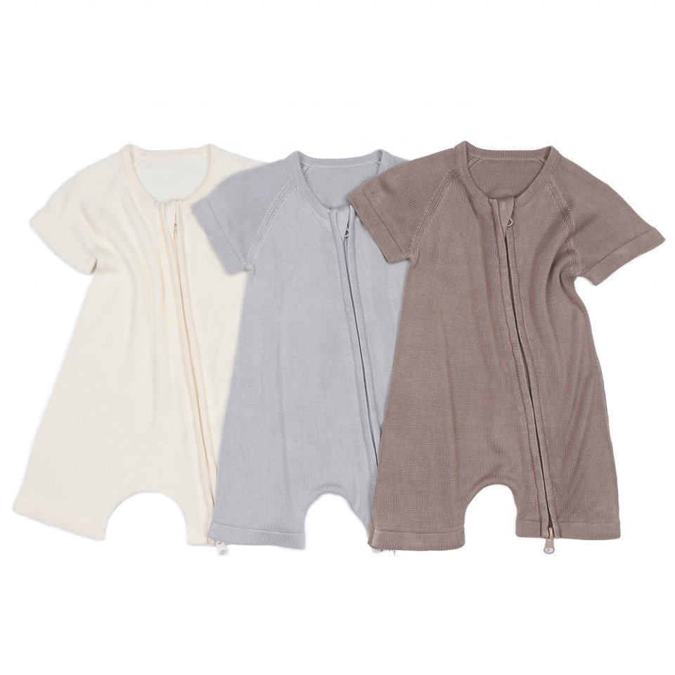 Custom Zipper Solid Short Infant Jumpsuit Toddler Knit Baby Bamboo Rompers Unisex Baby Knitted Sweater Romper Clothes Summer
