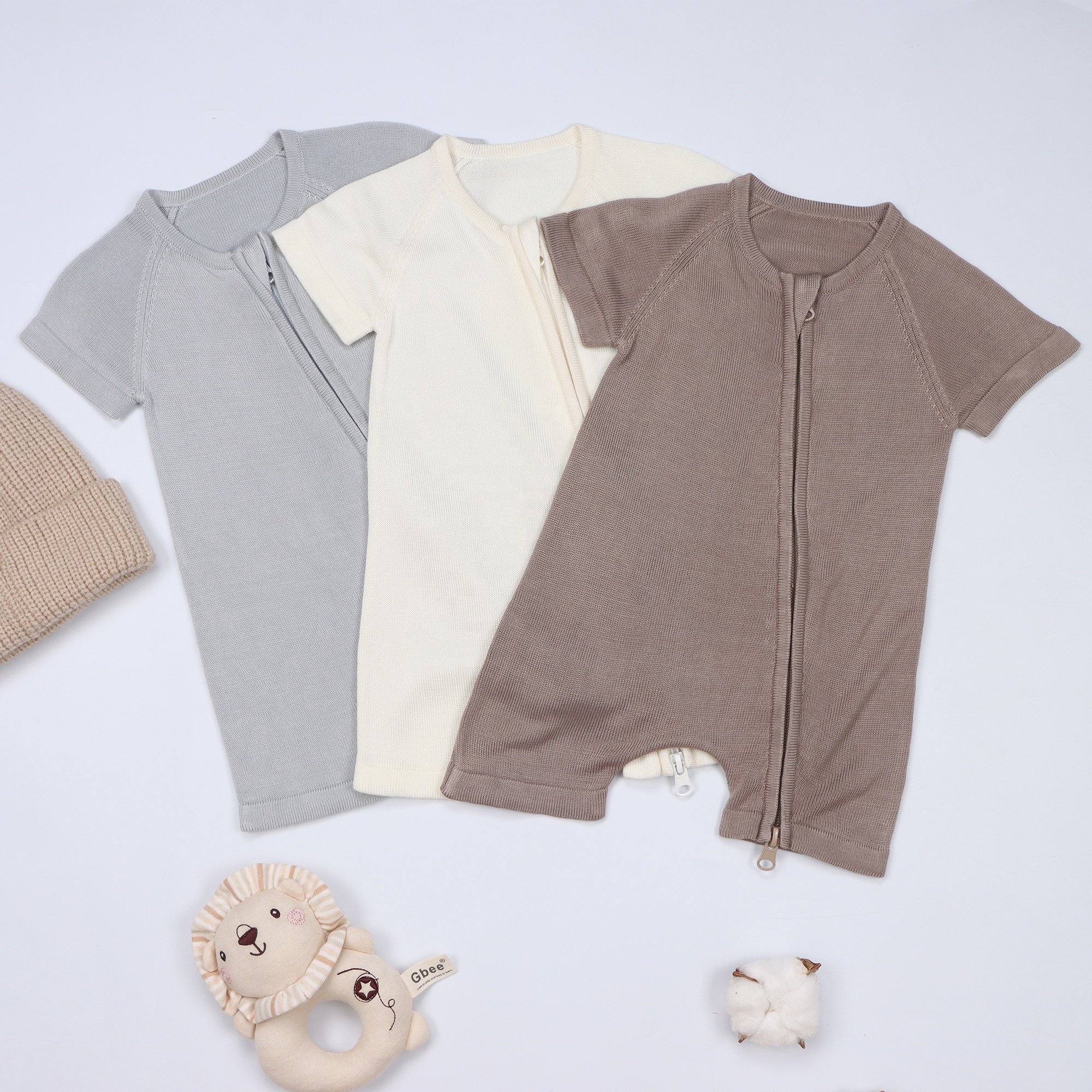Custom Zipper Solid Short Infant Jumpsuit Toddler Knit Baby Bamboo Rompers Unisex Baby Knitted Sweater Romper Clothes Summer