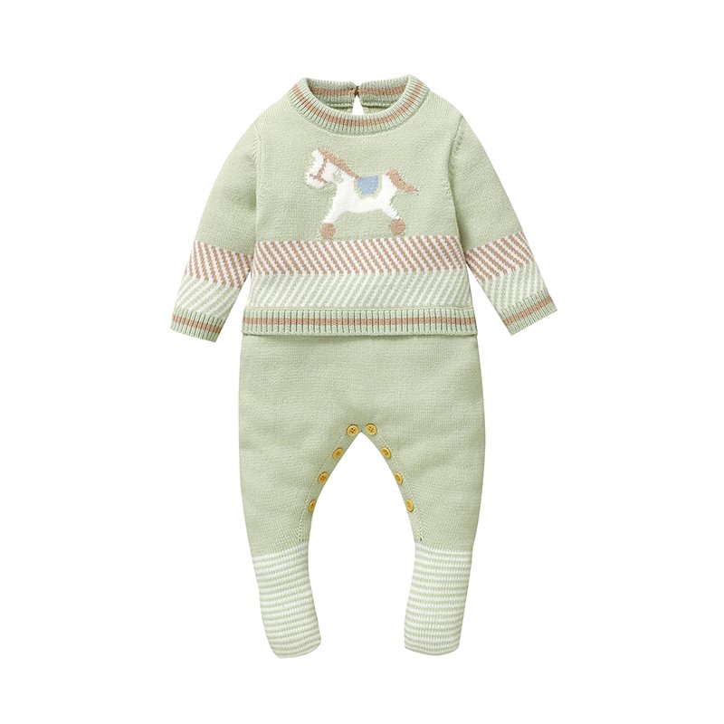 Mimixiong Baby Romper Custom Logo Horse Pattern Baby Clothes Newborn Long Sleeve Knitted Footie Baby Sweater Romper