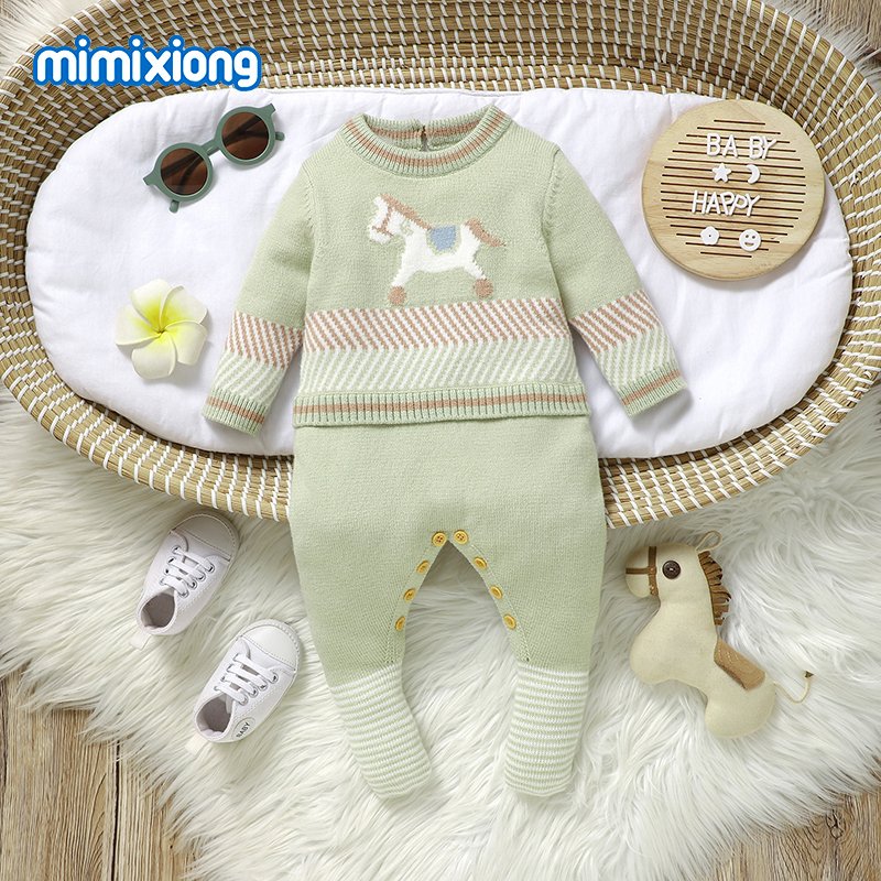 Mimixiong Baby Romper Custom Logo Horse Pattern Baby Clothes Newborn Long Sleeve Knitted Footie Baby Sweater Romper