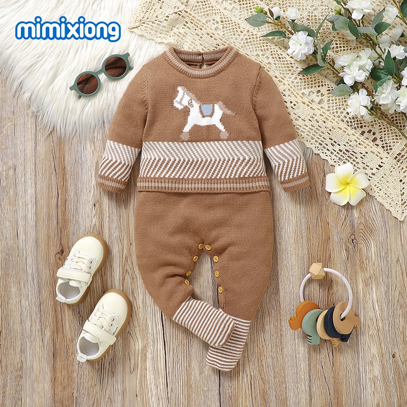Mimixiong Baby Romper Custom Logo Horse Pattern Baby Clothes Newborn Long Sleeve Knitted Footie Baby Sweater Romper