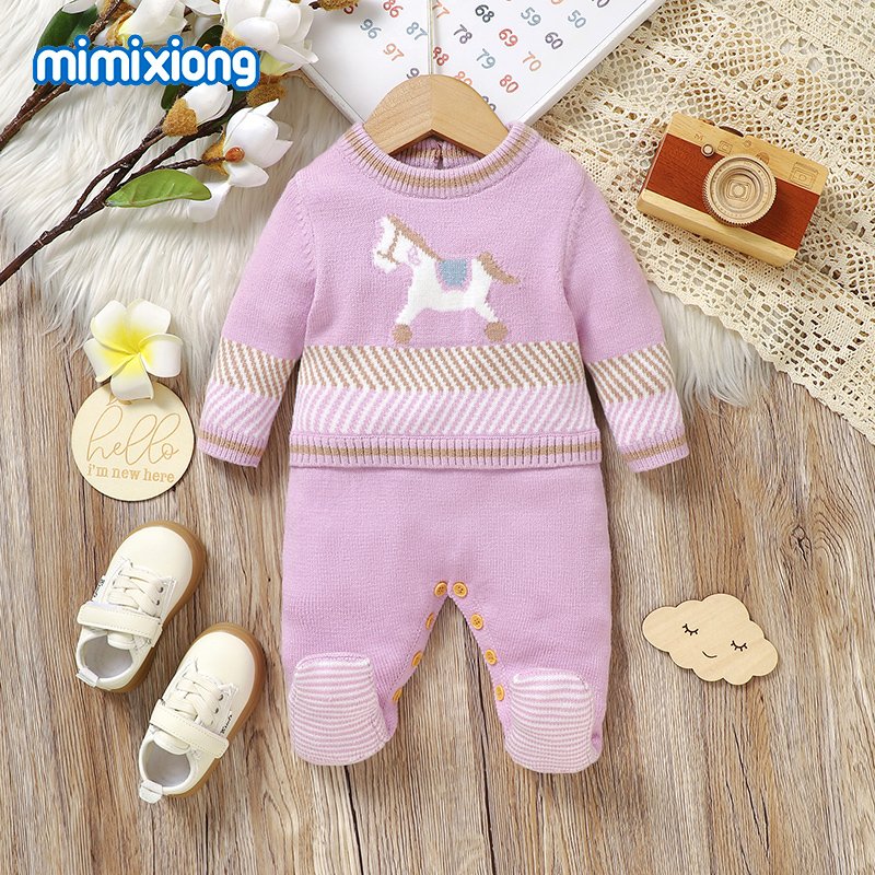 Mimixiong Baby Romper Custom Logo Horse Pattern Baby Clothes Newborn Long Sleeve Knitted Footie Baby Sweater Romper