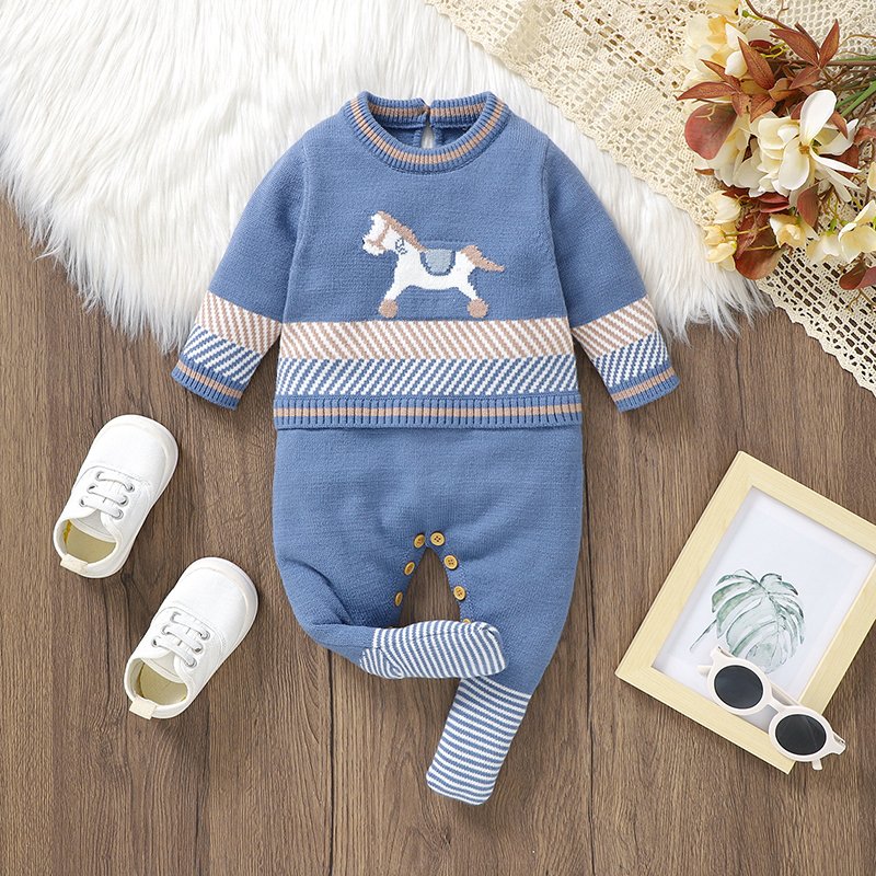 Mimixiong Baby Romper Custom Logo Horse Pattern Baby Clothes Newborn Long Sleeve Knitted Footie Baby Sweater Romper