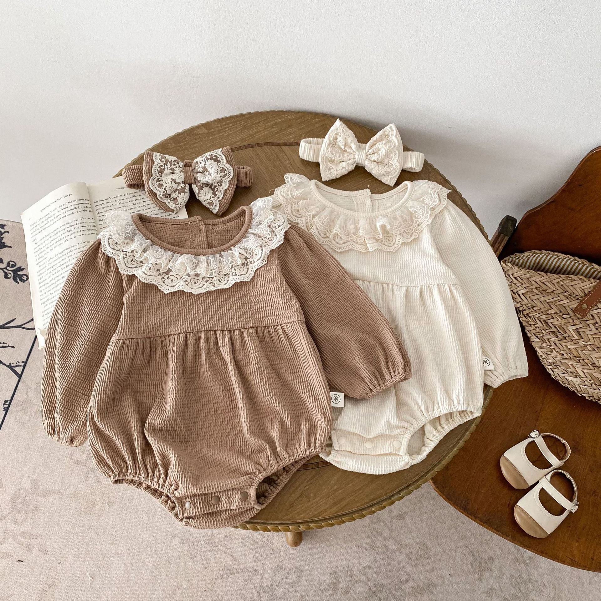 Autumn newborn long sleeve o neck jumpsuit infant girls waffle clothes baby romper
