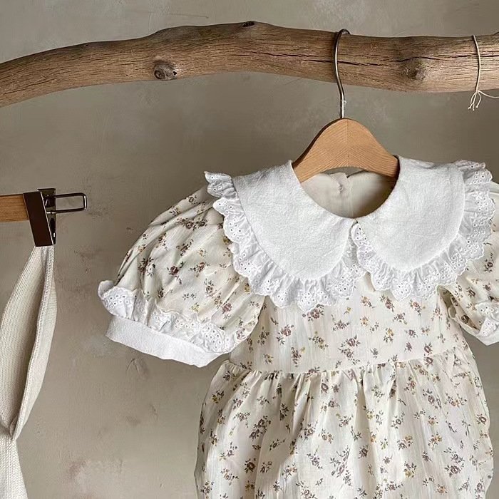 Wholesale 2024 Summer Floral Lace Collar Puff Sleeve Baby Rompers For Girls