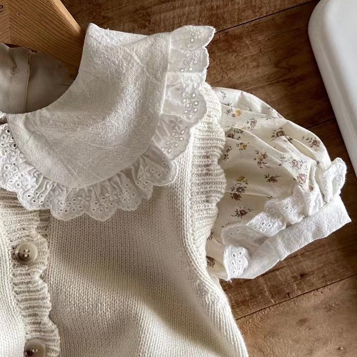 Wholesale 2024 Summer Floral Lace Collar Puff Sleeve Baby Rompers For Girls
