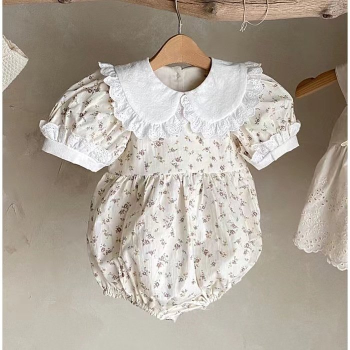 Wholesale 2024 Summer Floral Lace Collar Puff Sleeve Baby Rompers For Girls