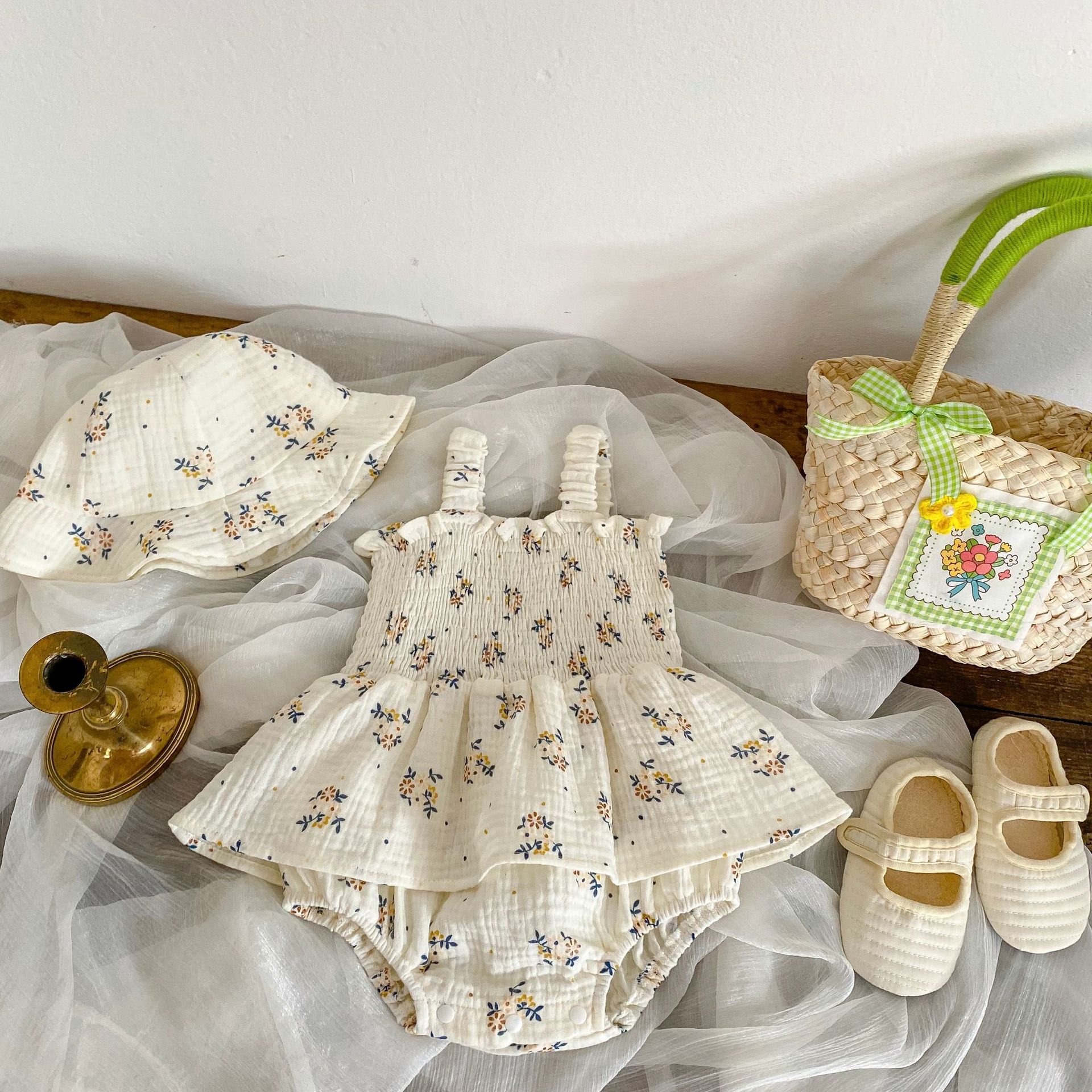 summer newborn cute flower romper dress sleeveless baby romper hat cotton baby clothes