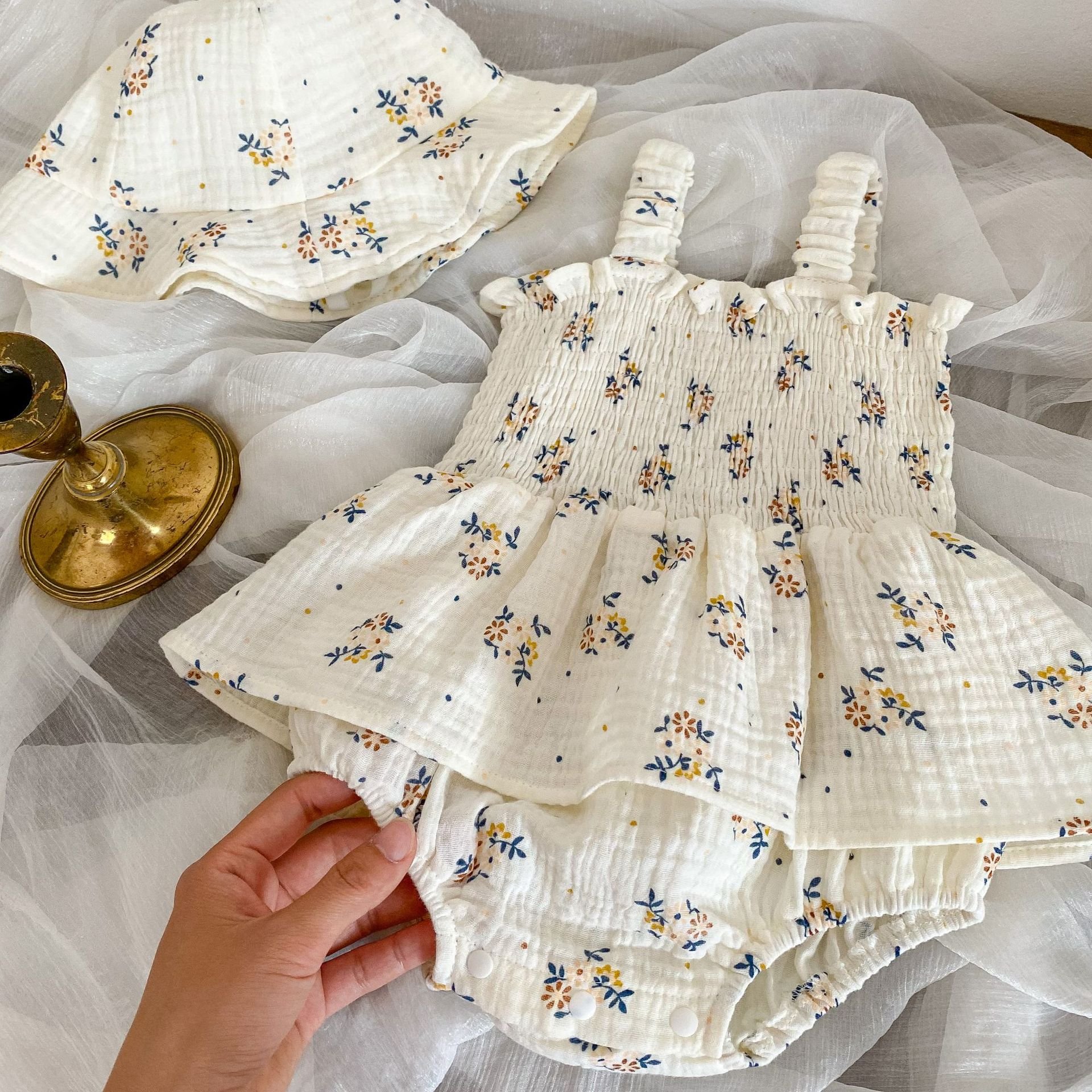 summer newborn cute flower romper dress sleeveless baby romper hat cotton baby clothes