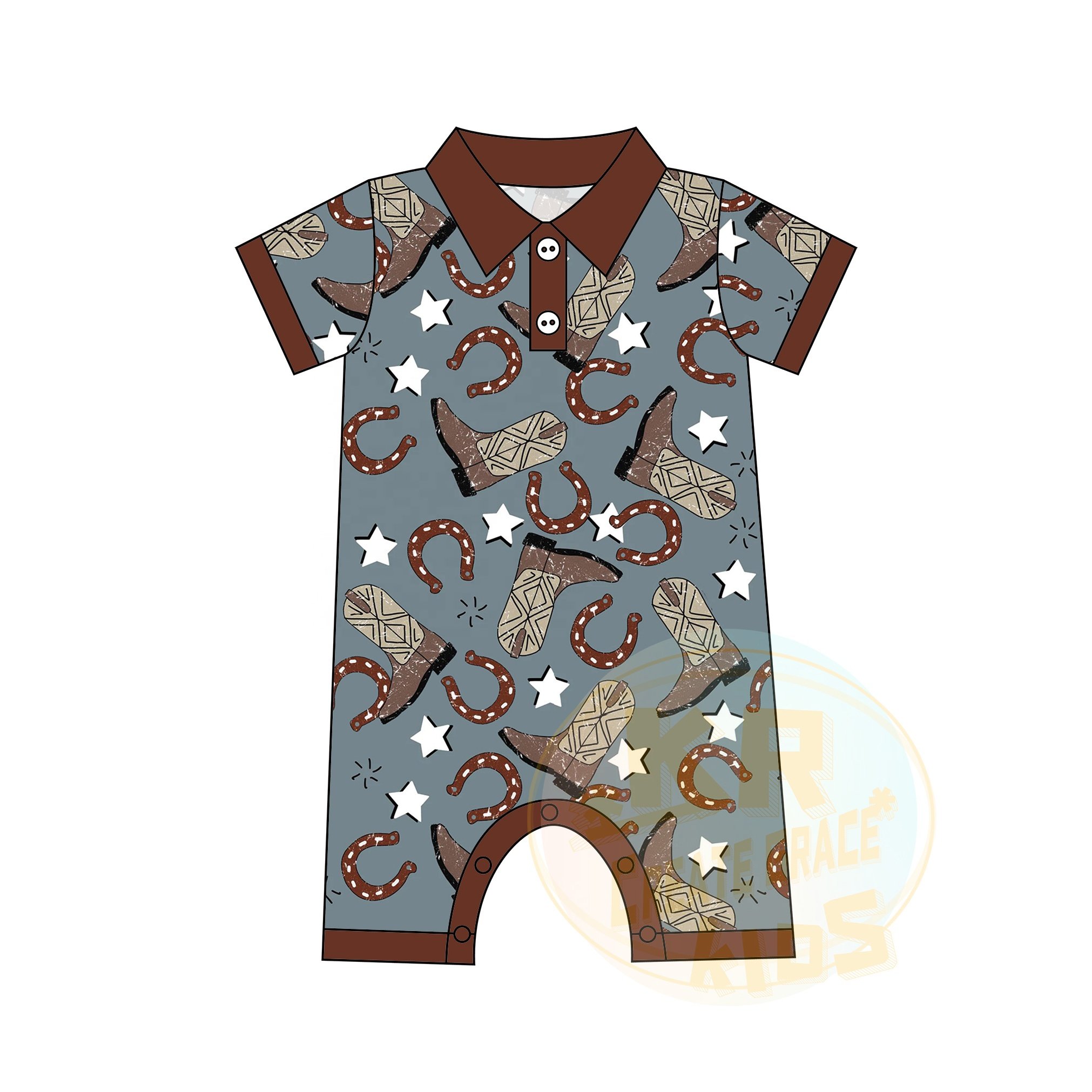 Personality Western Stylish Cowboy Infant Clothes Summer Short Sleeve Polo Shirt Collar Button Print Jumpsuit Onesie Baby Romper