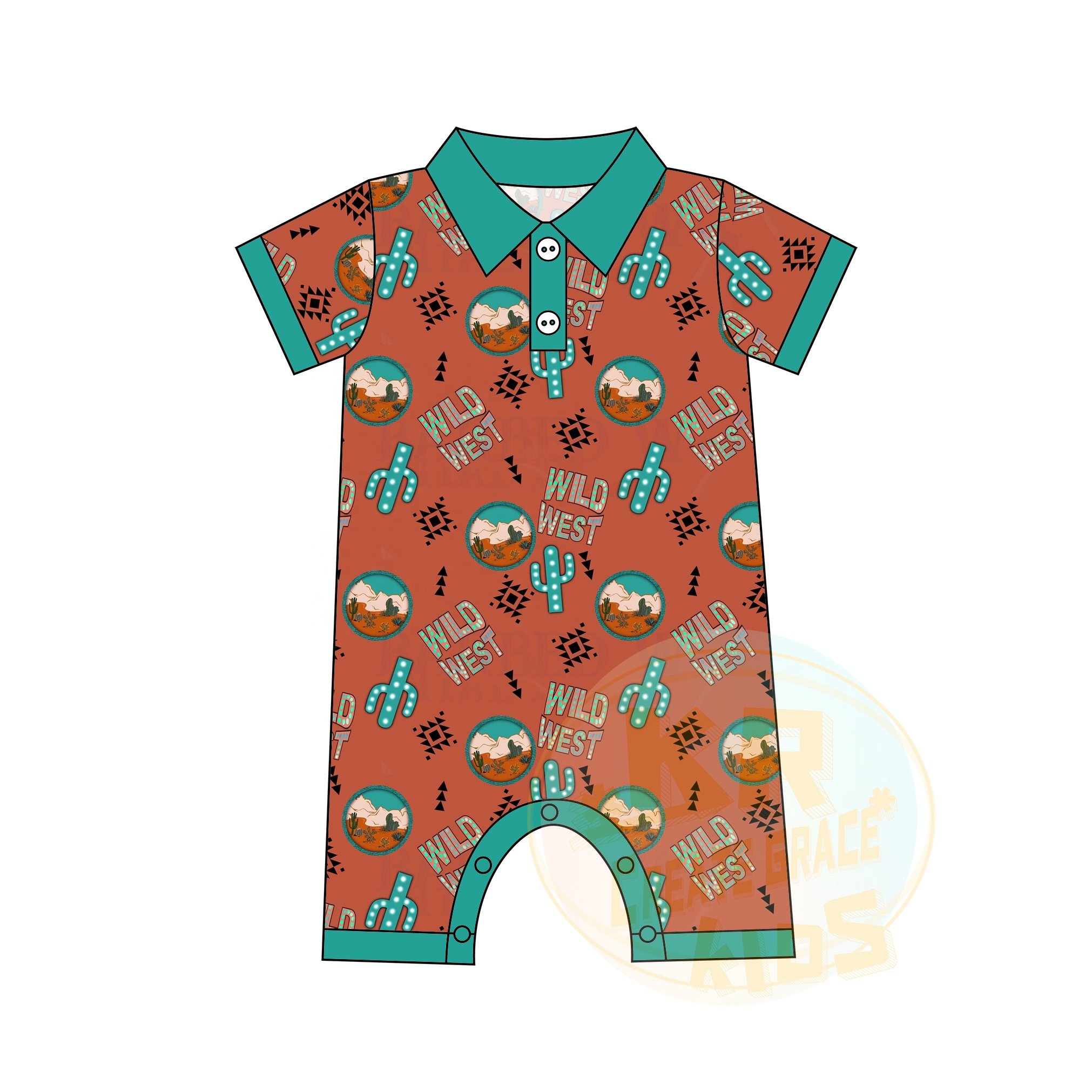Personality Western Stylish Cowboy Infant Clothes Summer Short Sleeve Polo Shirt Collar Button Print Jumpsuit Onesie Baby Romper