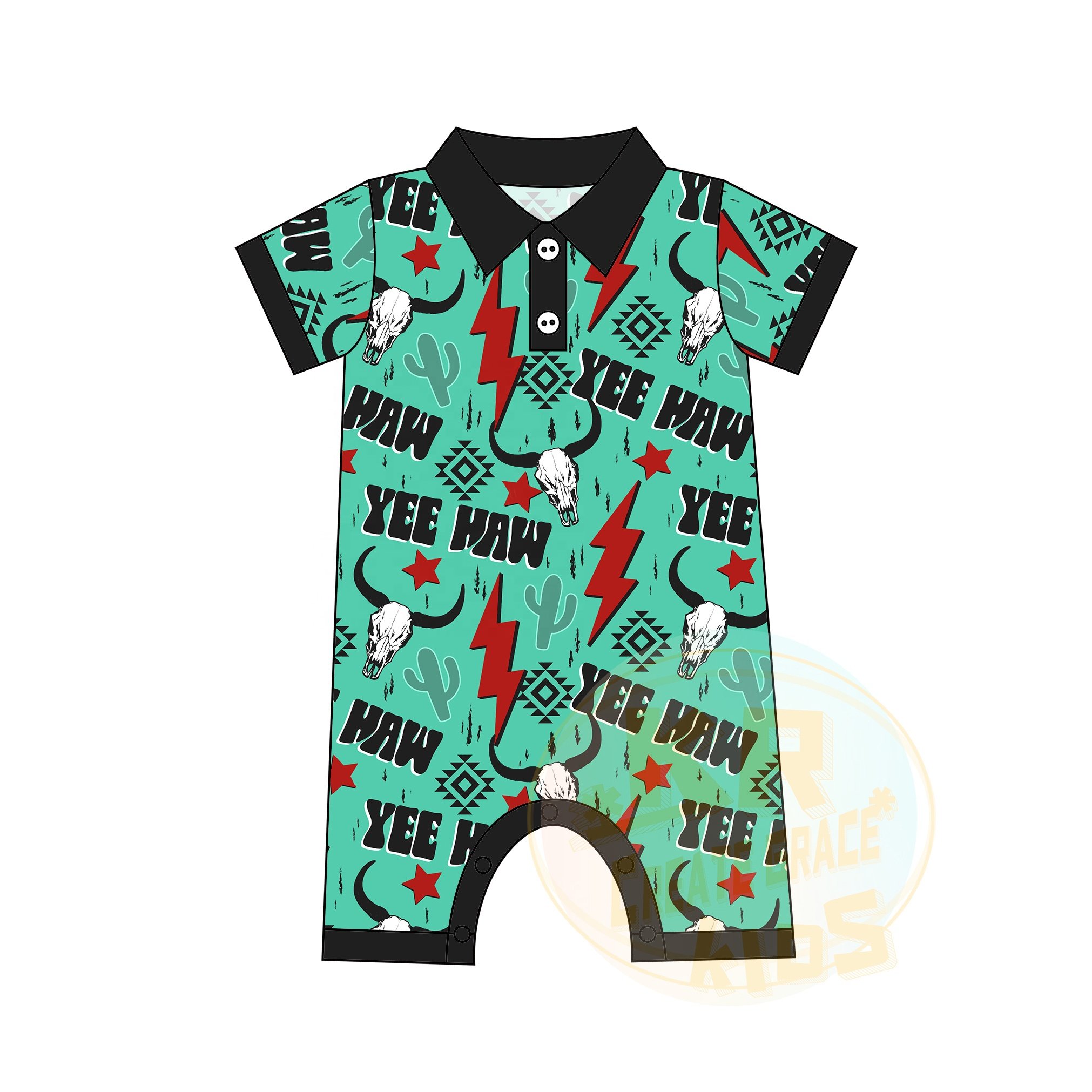 Personality Western Stylish Cowboy Infant Clothes Summer Short Sleeve Polo Shirt Collar Button Print Jumpsuit Onesie Baby Romper