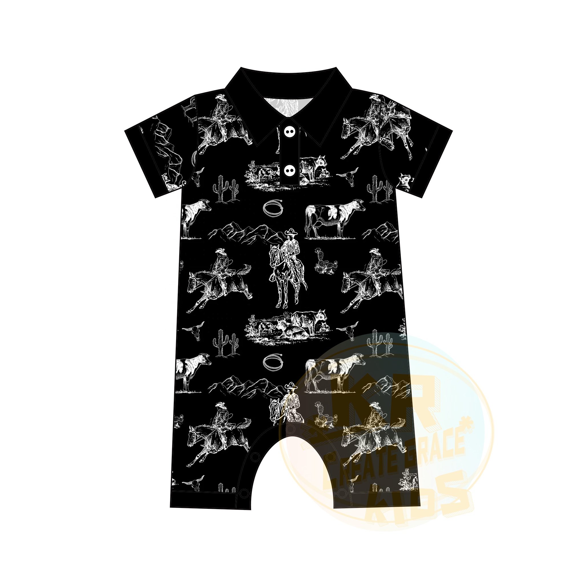 Personality Western Stylish Cowboy Infant Clothes Summer Short Sleeve Polo Shirt Collar Button Print Jumpsuit Onesie Baby Romper