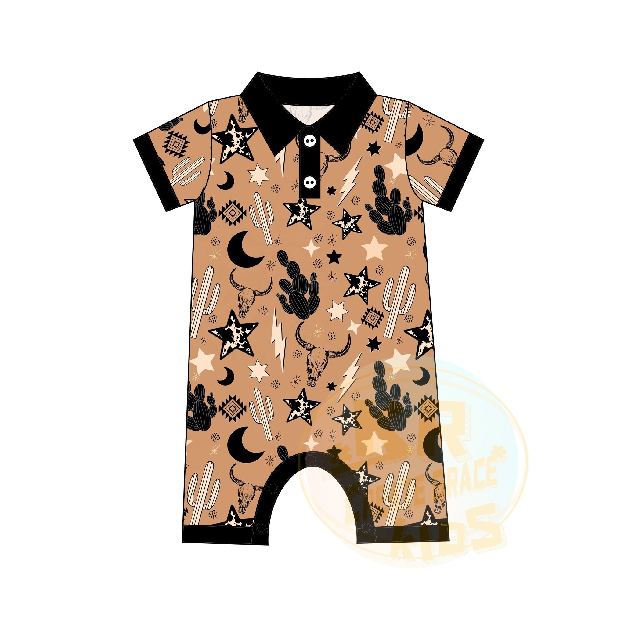 Personality Western Stylish Cowboy Infant Clothes Summer Short Sleeve Polo Shirt Collar Button Print Jumpsuit Onesie Baby Romper