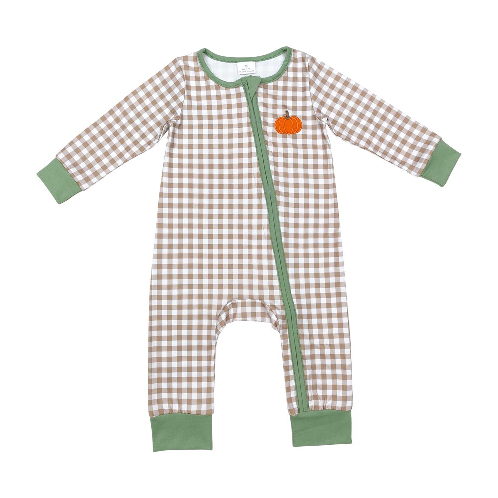Infant baby boy embroidery pumpkin long sleeve zip romper wholesale kids boutique clothes factory price baby romper
