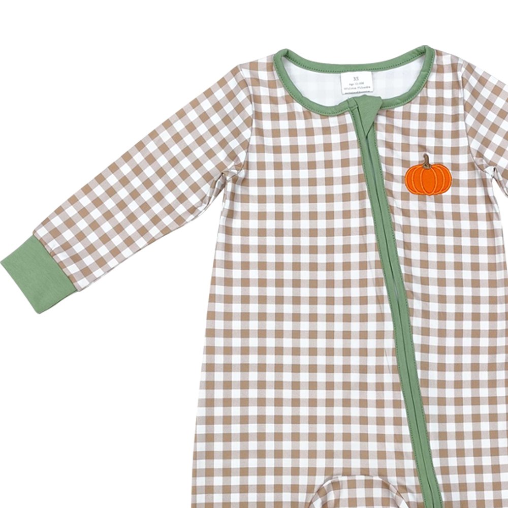 Infant baby boy embroidery pumpkin long sleeve zip romper wholesale kids boutique clothes factory price baby romper