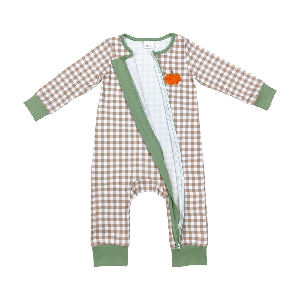 Infant baby boy embroidery pumpkin long sleeve zip romper wholesale kids boutique clothes factory price baby romper
