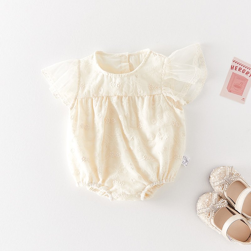 2023 Summer New Korean Infant Floral Lace Fly Sleeve Onesie Set Cotton Toddler Jumpsuit Baby Romper with Short Sleeves