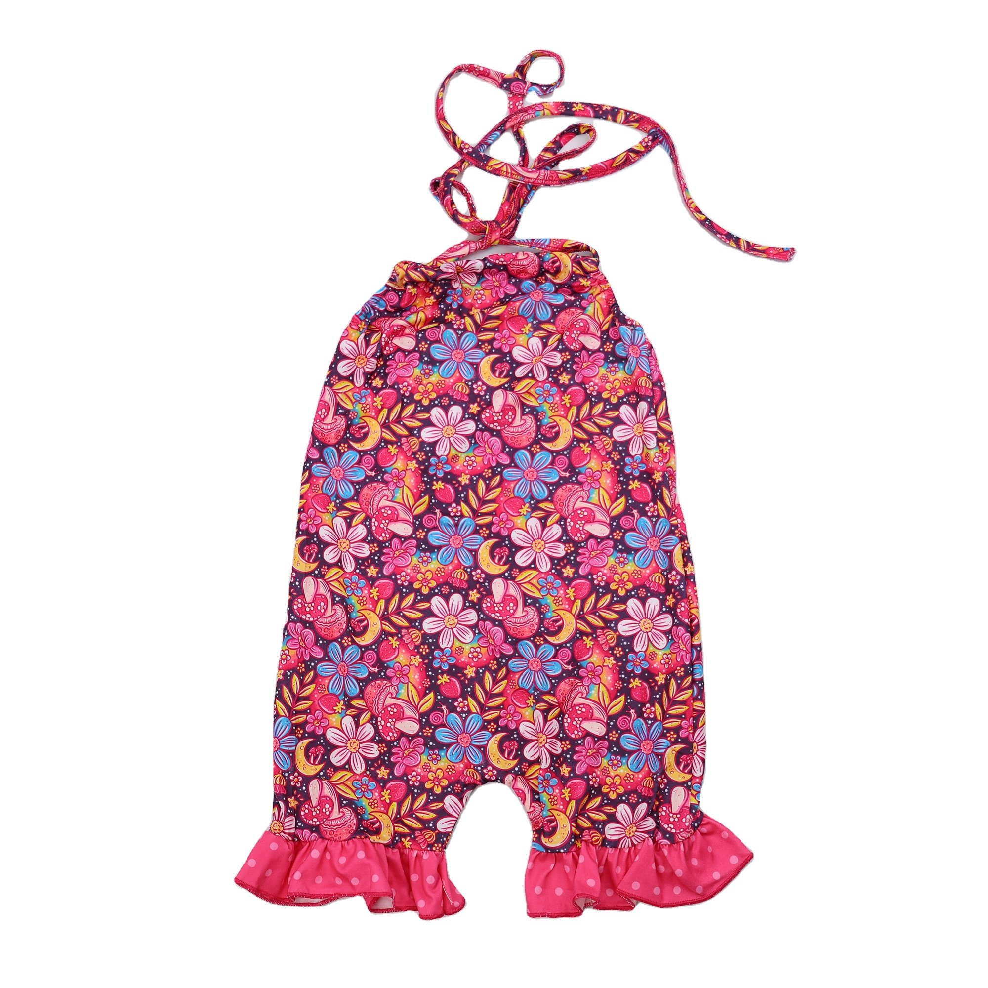 Qingli OEM Baby Girl Romper Pink Flower Backless Halter Shorts Romper With Ruffle Hem