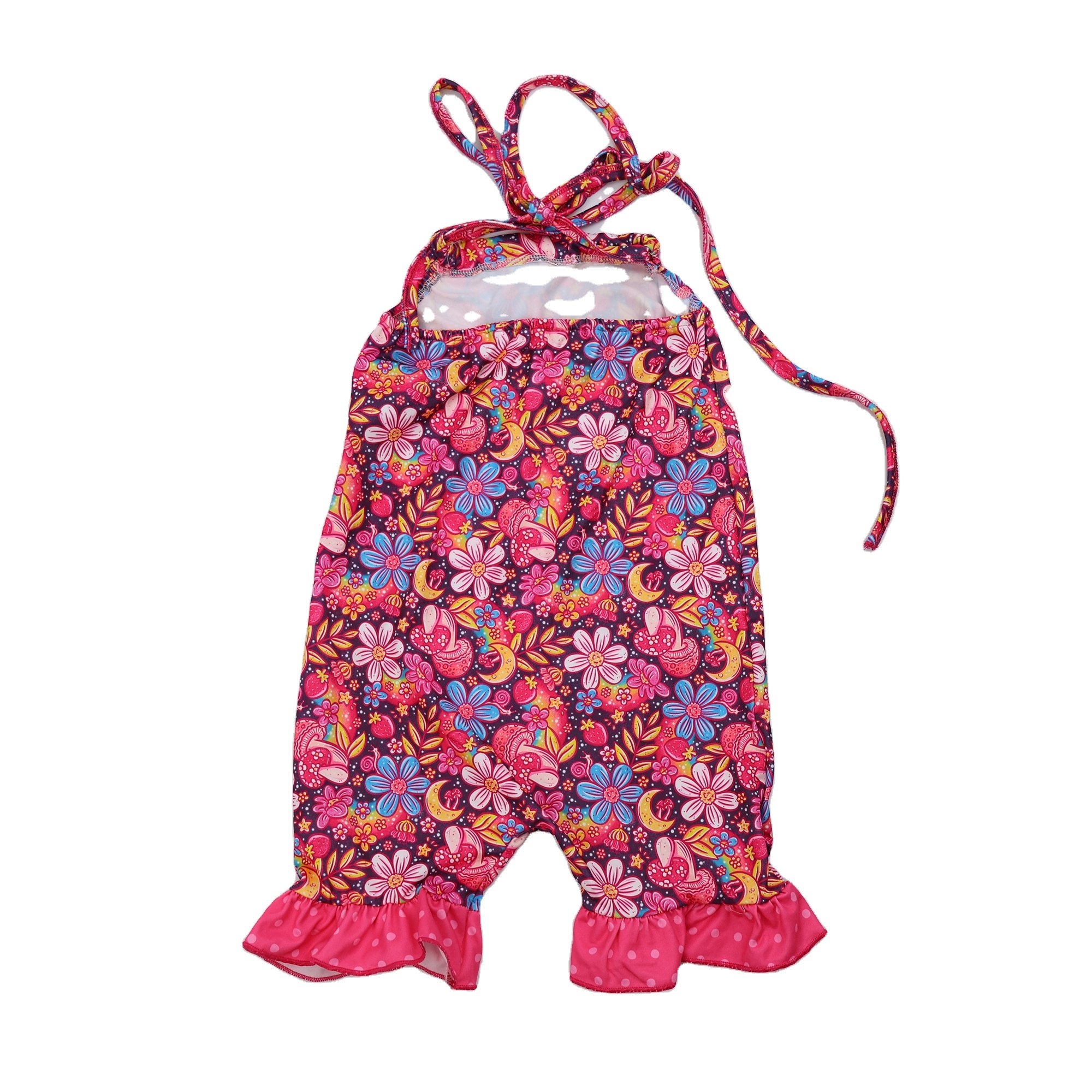 Qingli OEM Baby Girl Romper Pink Flower Backless Halter Shorts Romper With Ruffle Hem