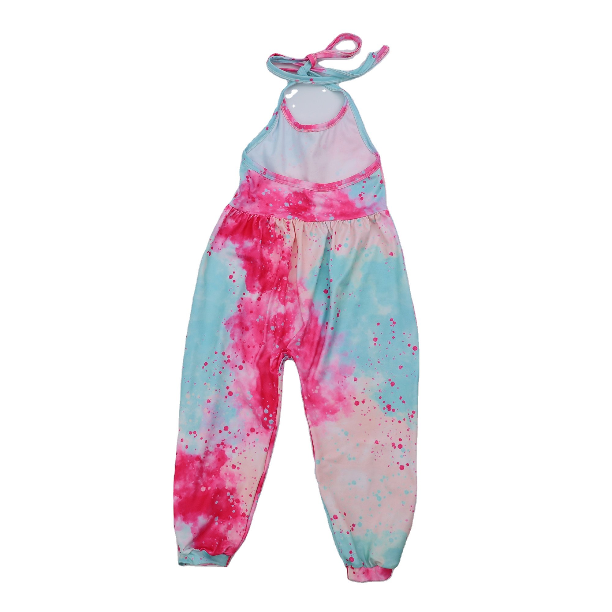 Qingli OEM Baby Girl Romper Pink Flower Backless Halter Shorts Romper With Ruffle Hem