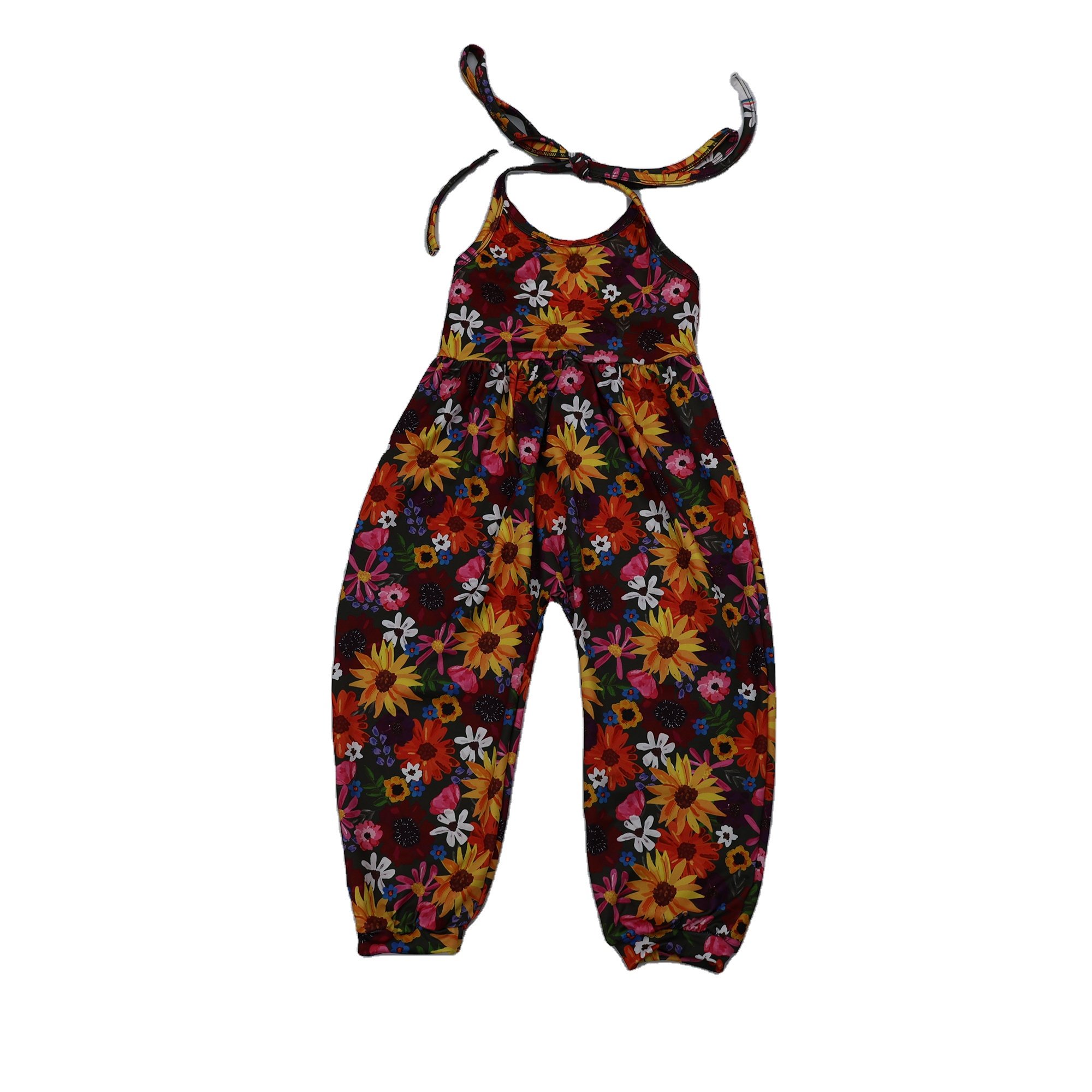Qingli OEM Baby Girl Romper Pink Flower Backless Halter Shorts Romper With Ruffle Hem