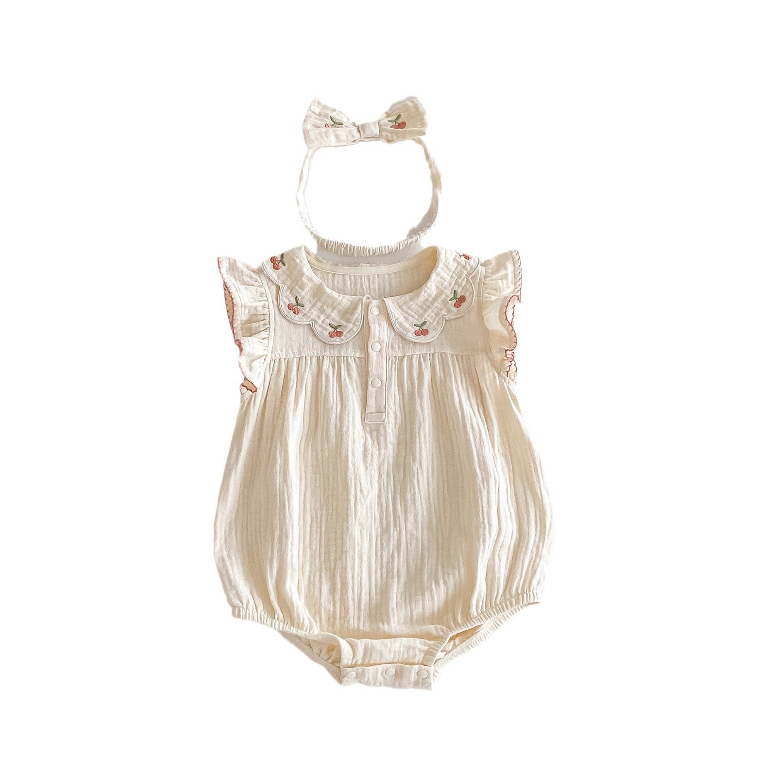 Korean Summer Doll Collar Embroidered Cherry Baby Girl Clothes Cotton Sleeveless Floral Jumpsuit With Headband Baby Romper