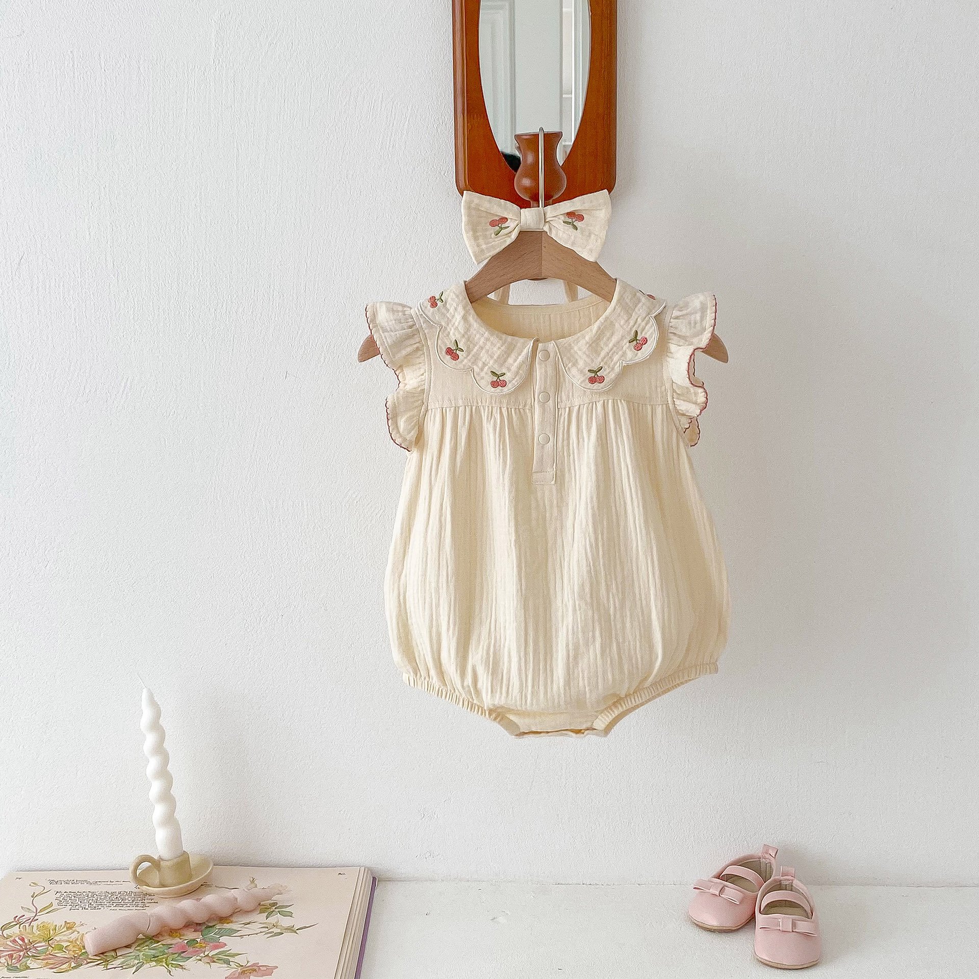 Korean Summer Doll Collar Embroidered Cherry Baby Girl Clothes Cotton Sleeveless Floral Jumpsuit With Headband Baby Romper