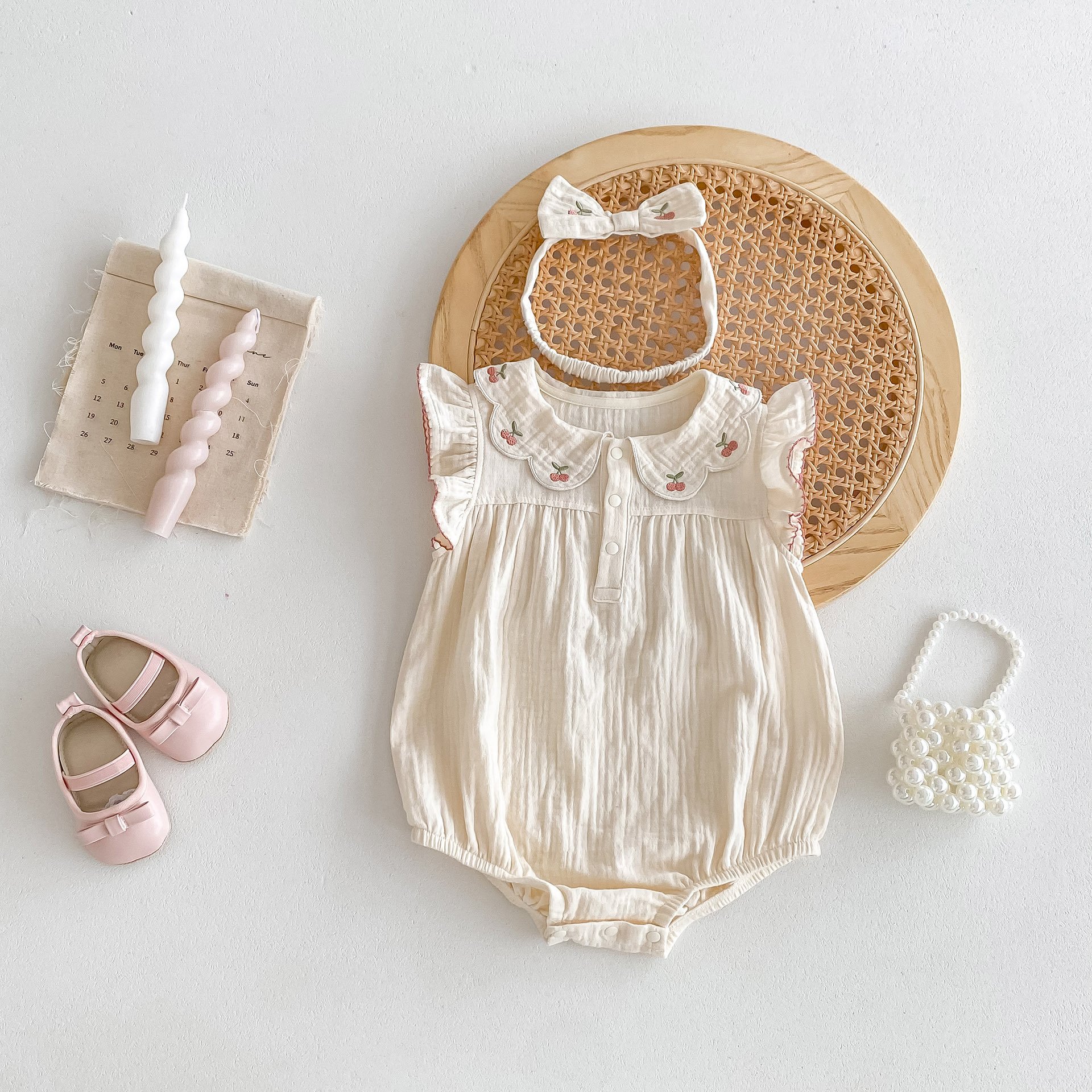 Korean Summer Doll Collar Embroidered Cherry Baby Girl Clothes Cotton Sleeveless Floral Jumpsuit With Headband Baby Romper