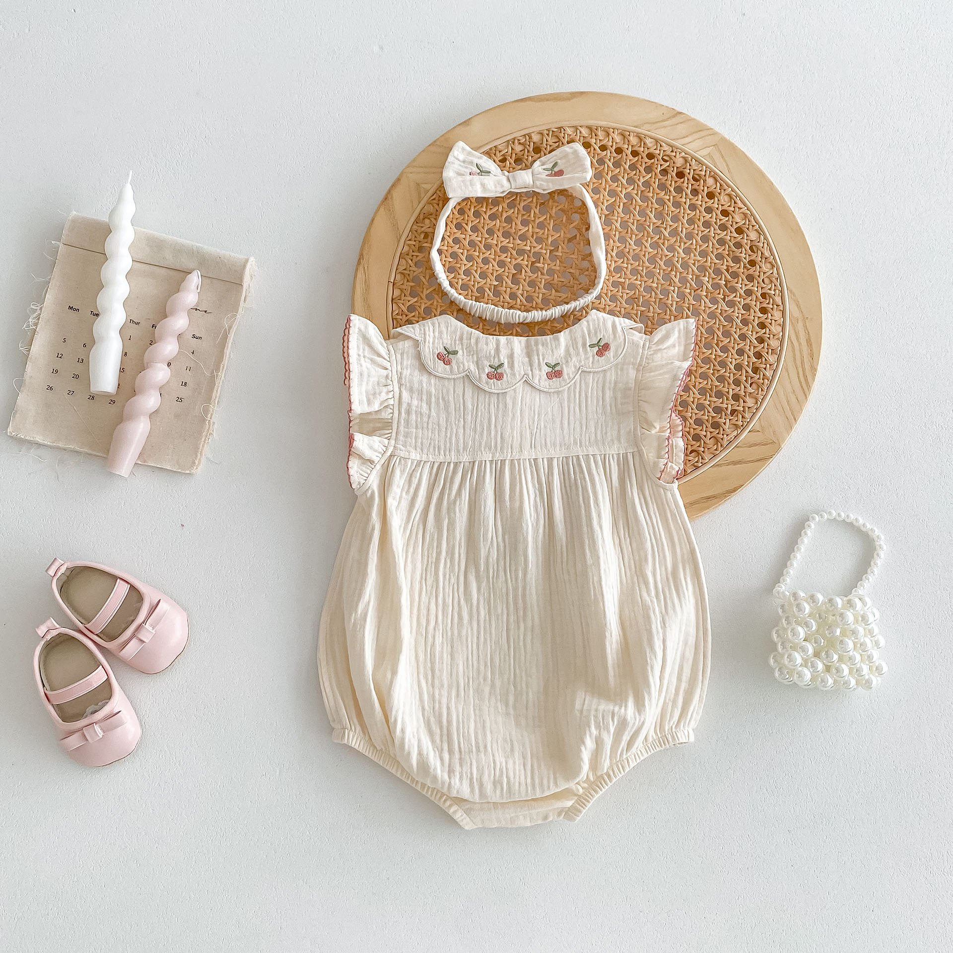Korean Summer Doll Collar Embroidered Cherry Baby Girl Clothes Cotton Sleeveless Floral Jumpsuit With Headband Baby Romper