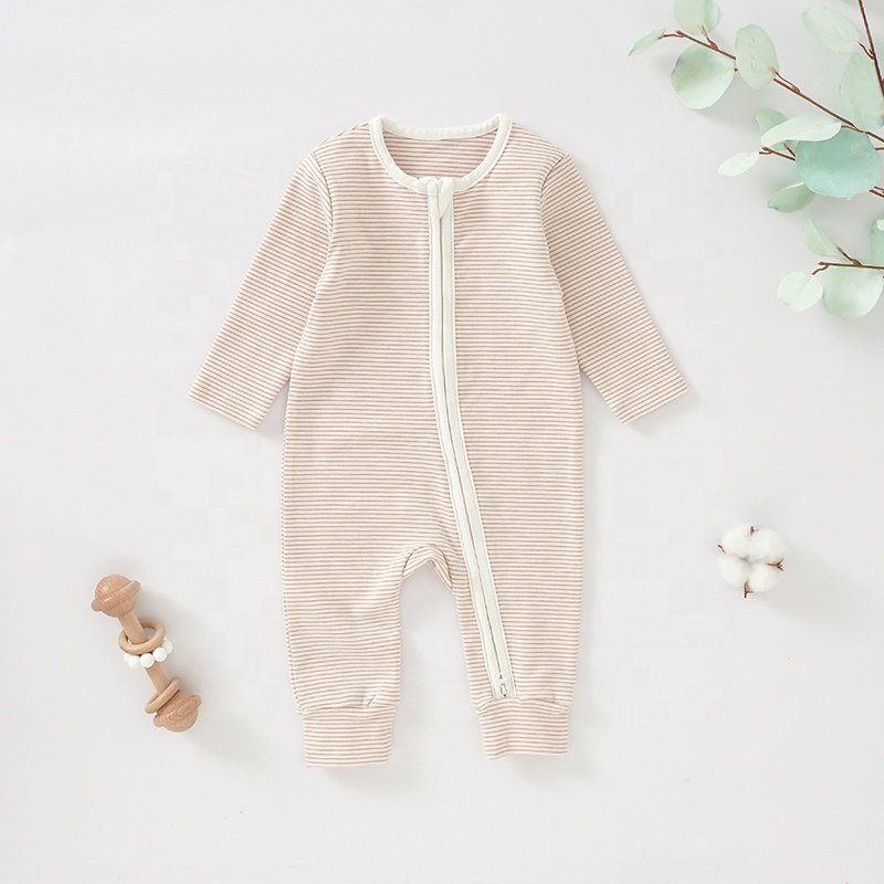 Wholesale Long Sleeve Baby Romper Zipper Yarned Dyed Infant Romper Organic Cotton Newborn Jumpsuit Infant Clothing