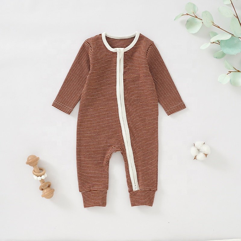 Wholesale Long Sleeve Baby Romper Zipper Yarned Dyed Infant Romper Organic Cotton Newborn Jumpsuit Infant Clothing