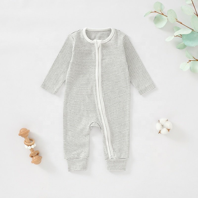 Wholesale Long Sleeve Baby Romper Zipper Yarned Dyed Infant Romper Organic Cotton Newborn Jumpsuit Infant Clothing