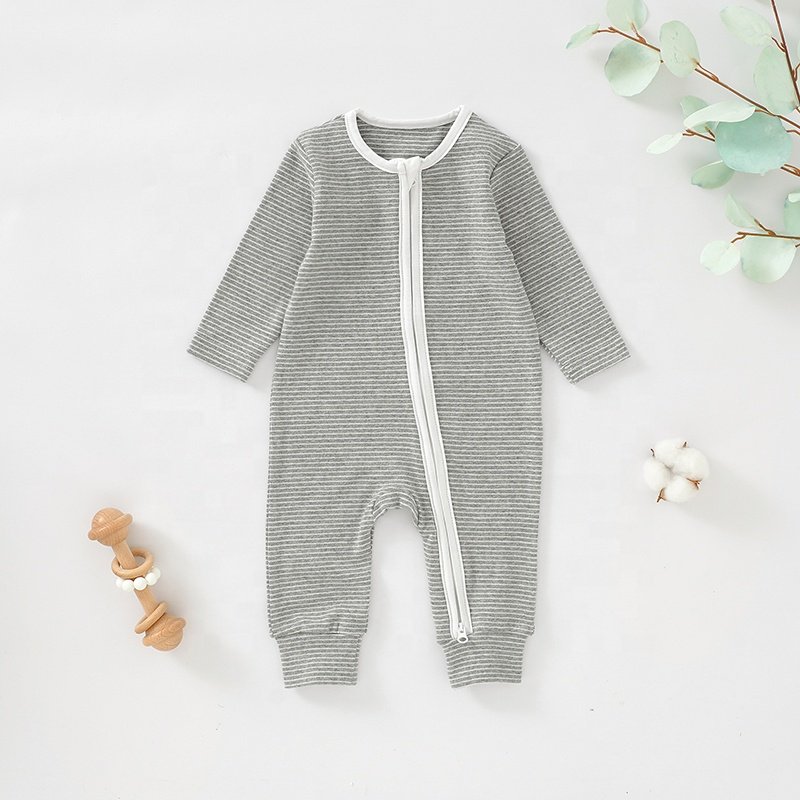 Wholesale Long Sleeve Baby Romper Zipper Yarned Dyed Infant Romper Organic Cotton Newborn Jumpsuit Infant Clothing