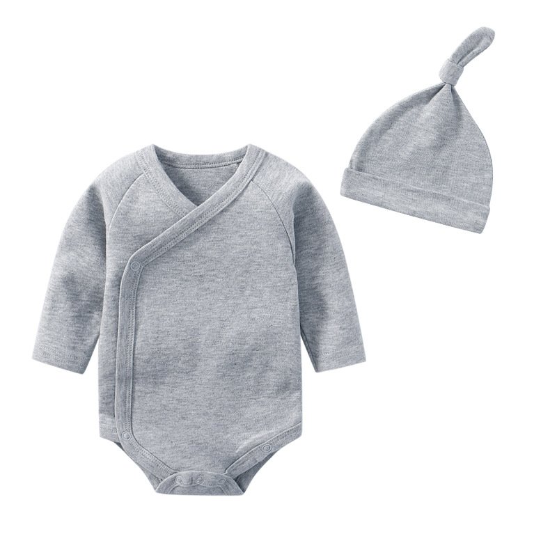 Wholesale triangle newborn jumpsuit hat suit solid color 0-12 M baby boy girl clothing sets cotton long sleeve baby romper set