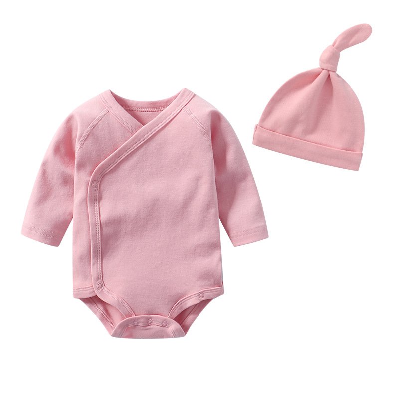 Wholesale triangle newborn jumpsuit hat suit solid color 0-12 M baby boy girl clothing sets cotton long sleeve baby romper set